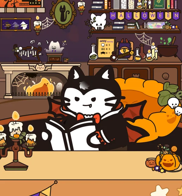 ニャンキュラ伯爵 — ハロウィンの魔法書斎