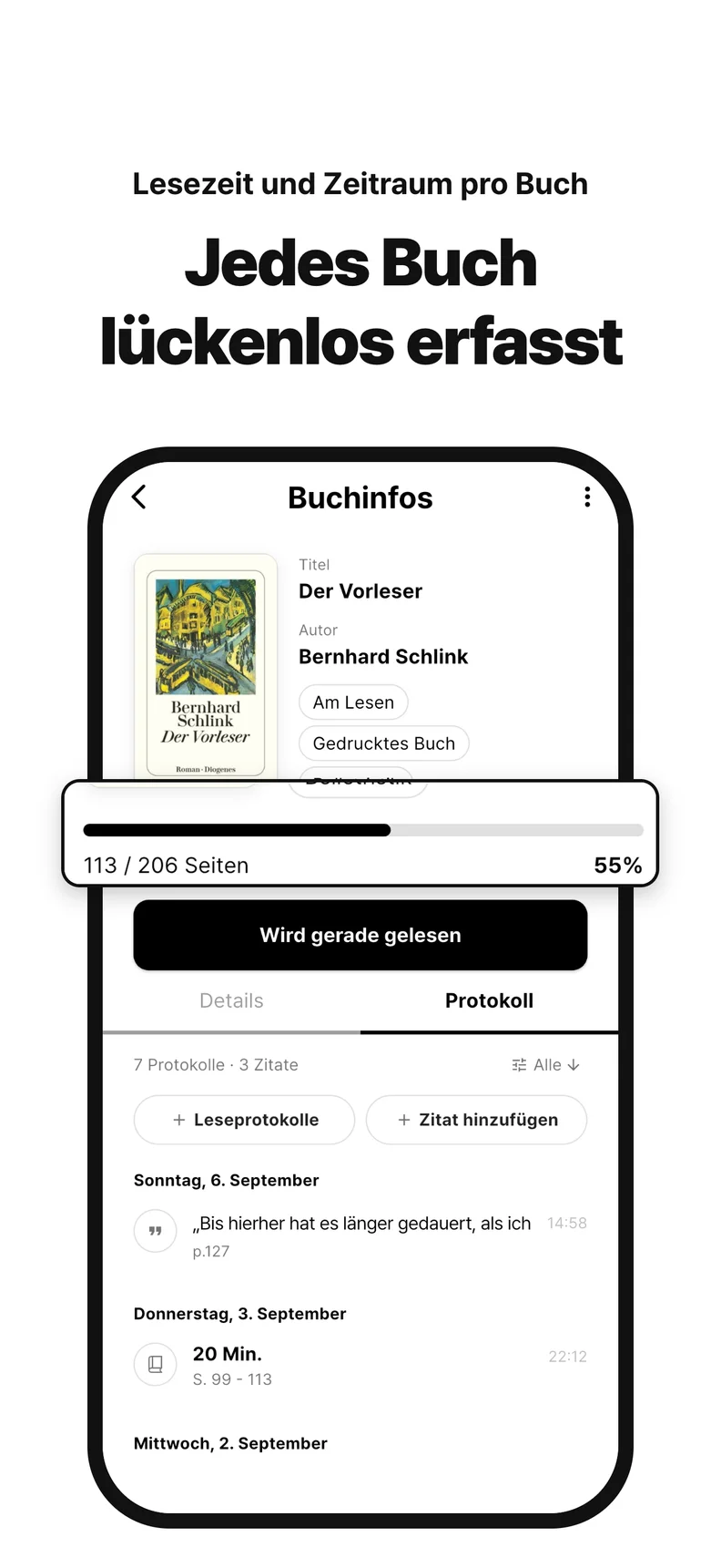 Jedes Buch lückenlos erfasst. Lesezeit und Zeitraum pro Buch