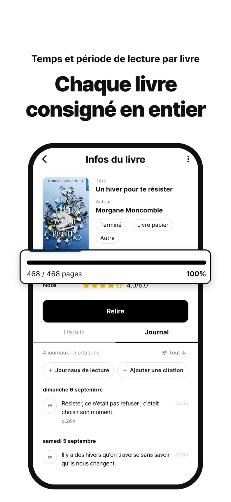 Chaque livre consigné en entier. Temps et période de lecture par livre