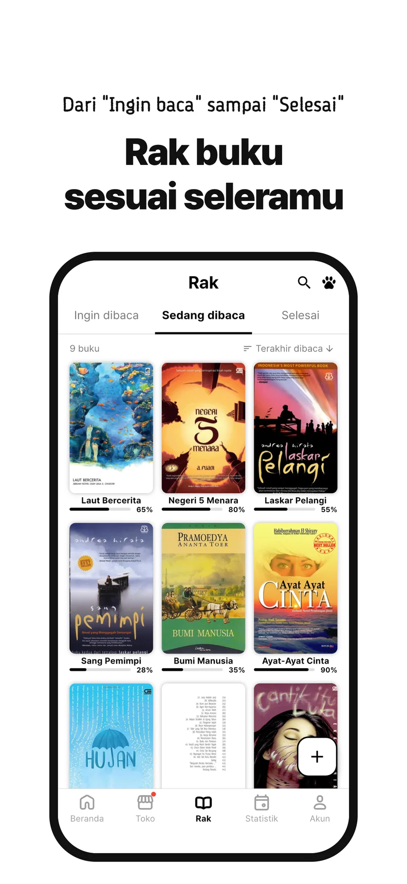 Rak buku sesuai seleramu. Dari "Ingin baca" sampai "Selesai"